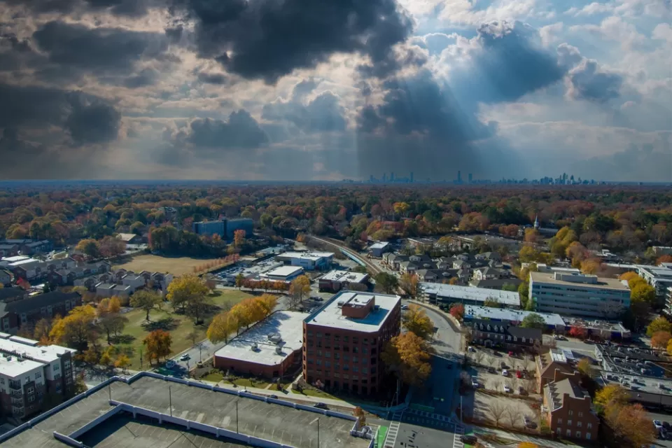 Aerial view of Decatur, Georgia with cloudy sky